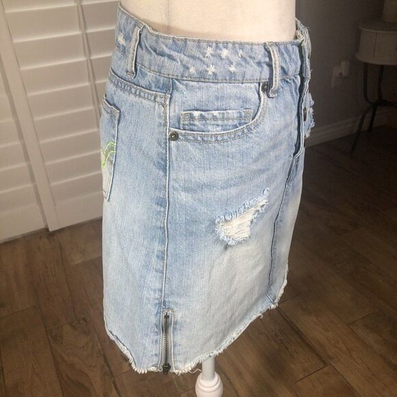 Vintage Bongo Denim Mini Skirt 1 Distressed Button Fly Neon Stitching - Picture 11 of 11